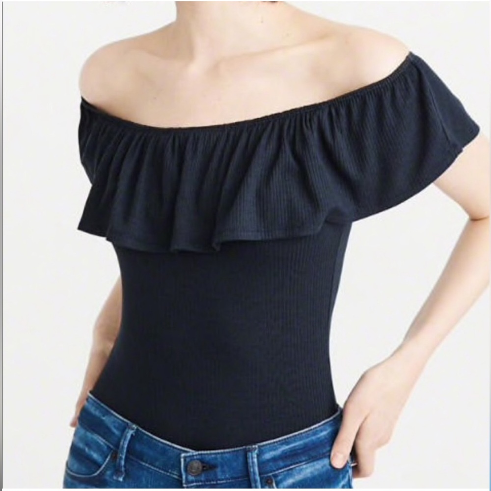 Black Off-Shoulder Bodysuit Ruffle Top Ribbed cotton stretch bodycon fitted